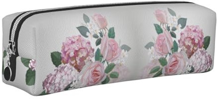 NBHDZENGW Pink Hydrangea Rose Leather Pencil Case with Smooth Zipper,Stylish Durable Zippered Pouch for School,Office,Travel-Lightweight Full Print Stationery Holder