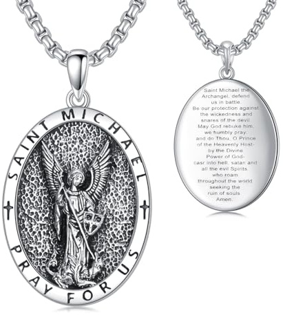 Seiyang Saint Michael Necklace Pendant Medal 925 Sterling Silver Oval St Michael Archangel Religious Amulet Jewelry Gift for Men Women
