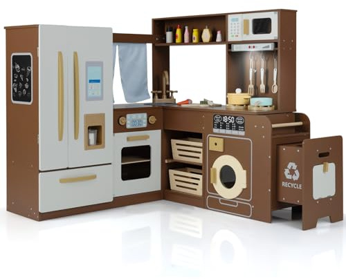 HONEY JOY Corner Play Kitchen with Trash Can, Large Wooden Pretend Toy Kitchen Set w/Lights, Fridge, Cookware, Washing Machine w/Laundry Basket, Little Chef Kids Kitchen Playset for Toddlers (Brown)