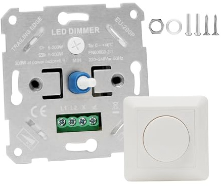 Dimmerbrytare LED 230 V dimmer med vridknapp, universell dimmer för dimbara LED-lampor 5–200 W, infälld strömbrytare dimbar roterande dimmer vit