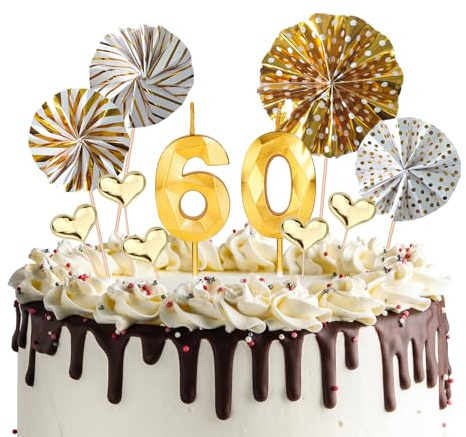 Candele dorate per 60° Compleanno,Candela 3D Numero 60,Decorazioni per Torte Dorate per Ragazze e Ragazzi,Candele Numeriche per Feste e Compleanni,Matrimoni,Anniversari