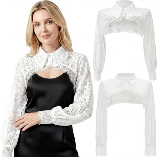 Tivi Tovo 2 Pcs Women's Lace Bolero Shrug Crop Top, Detachable Long Sleeve Cover Fake Collar for Dresses, Cosplay, Wedding(White)