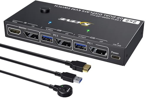 YOUTINGHDAV KVM Switch 2 PC 2 bildskärmar, USB 3.0 KVM Switch HDMI Displayport för 2 PC delar mus tangentbord, MST, 4K@144 Hz, 4K@60 Hz, med Wired Remote