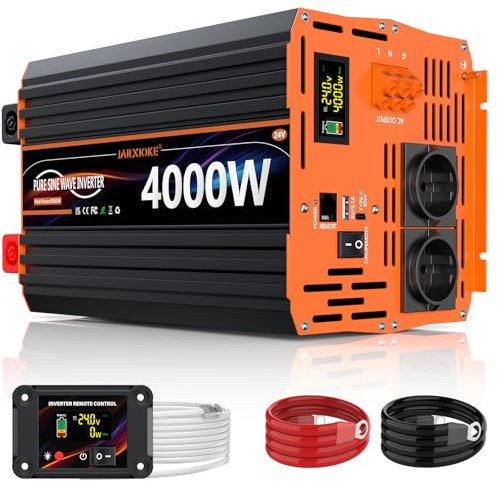 Convertidor de corriente 4000W 24V a 230V de onda sinusoidal pura transformador inversor convertidor con control remoto LCD, 2 enchufes EU, USB-C de 30W, USB 5V/3.1A, para autocaravana, camión