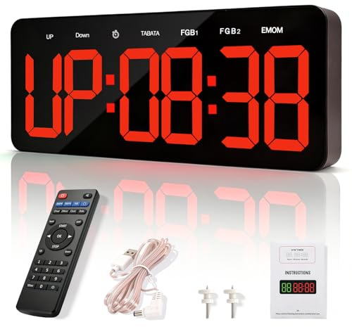 Manoive Temporizador de Gimnasio, 13 Grande Reloj de Pared Digital Temporizador de Intervalo LED con Countdown & Up Cronómetro, Brillo & Volumen Ajustable, Gym Timer con Control Remoto para Casa