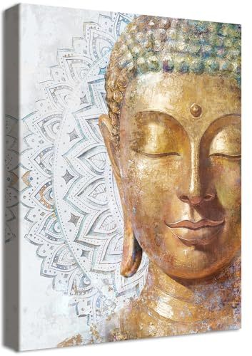 Buda Mandala Dorado Marco de Madera Cuadro Buda Flor Mandala 3D Lienzo Decorativos Pintura Imagen Adoración Budista Abstracta Cuadros Decoracion Salon Dormitorios Meditación Espiritual Zen 40x60cm