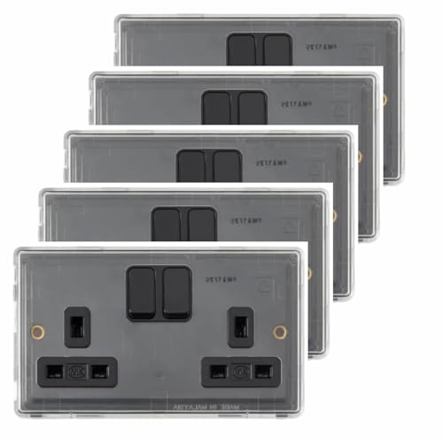 FNX 5 x MK Dimensions MH4347BLKC 2-Gang, Double Pole, 13A, Dual Switch Socket | UK Main Plug Wall Socket with Dual Earth Facility | Safe Electrical Connection & Protection - Easy Installation | Black