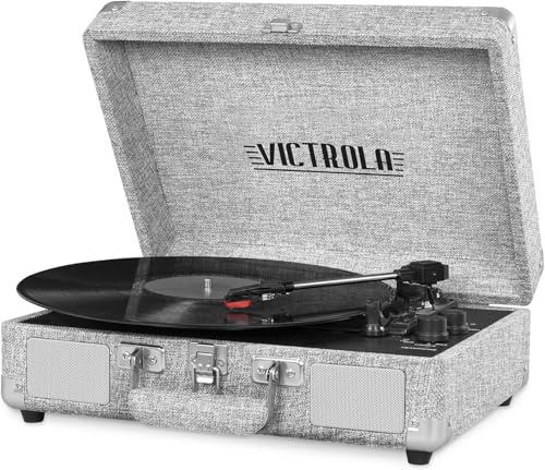 Victrola Journey Bluetooth Portable Suitcase Record Player – with Built-in Speakers, 3 Speed Vinyl Record Player, RCA Out, Headphone Jack (Light Gray)
