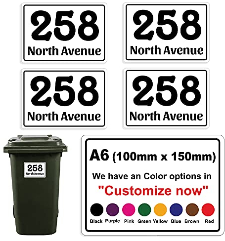 4 x Personalised Custom Wheelie Bin Number Stickers with Waterproof House Number & Street Name (4 Decals-150 x 100 mm) PBN01 Stickers Limited