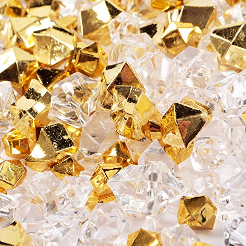 LUSSO LIA 150 pcs Fake Crushed Ice Rocks Fake Diamonds Acrylic Crystals Gemstones for Vase Fillers Wedding Table Decoration Home and Party Decoration Table Scatter Crystals (Gold/Transparent)