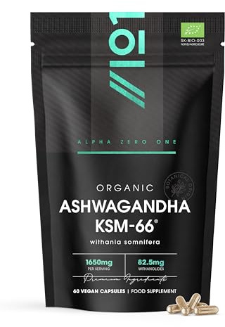 Organic Ashwagandha KSM-66® 1650mg - 5% Withanolides with Black Pepper – 60 Vegan Capsules – Resealable and Recyclable Pouch by Alpha01