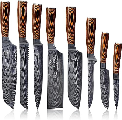 Küchenkompane – 8-teiliges Edelstahl Küchenmesser Set im Damast-Design mit ergonomischem Pakkaholzgriff – Scharfe und langlebige Messer inkl. Geschenkbox – Präzision für Hobbyköche und Profis