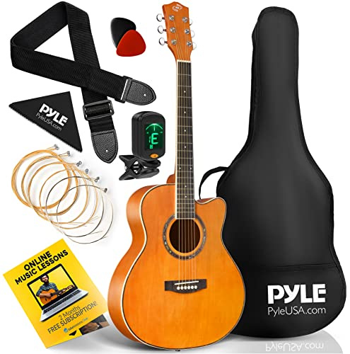 Pyle Akustikgitarren-Set mit Stahlsaiten, 3/4 Juniorgröße, natürliches Lindenholz, mattes Finish, Instrument mit Gigbag, Stimmgerät, extra Saiten, Plektren, Gurt, für Anfänger, Erwachsene