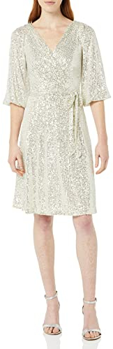 DKNY Damen Langärmeliges Paillettenimitat Kleid, Silber, 44
