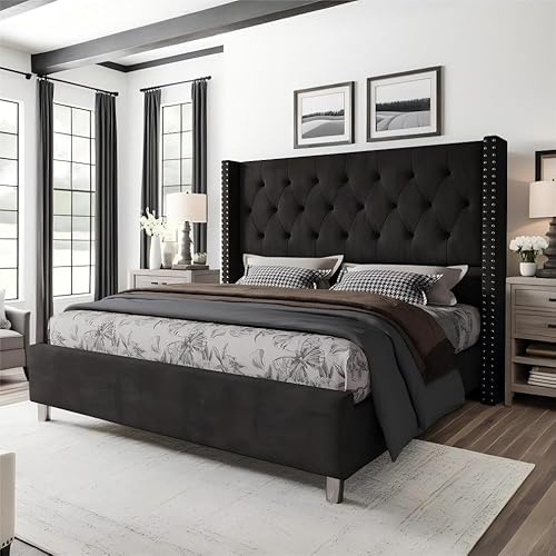 Jocisland Queen Bed Frame Upholstered Bed Wingback Headboard Velvet Tufted Diamond Button/No Box Spring Needed/Easy Assembly/Black