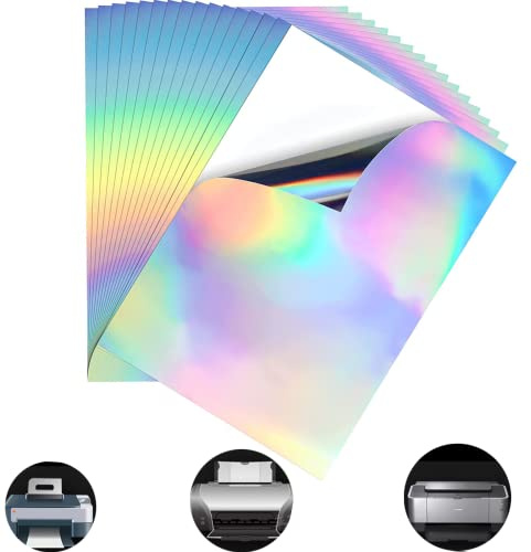 Vokowin 20 ark utskrivbara vinylklistermärkespapper A4 holografiskt klistermärkespapper, vattentät transparent film för bläckstråleskrivare laserskrivare gör-det-själv hantverk dekoration (K109-20)