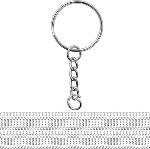Anelli portachiavi con catena a maglie e anello pieghevole, confezione da 96, nei colori argento, anello portachiavi Ø 25 mm, catena staccabile lunga 27 mm con anello aperto, per portachiavi