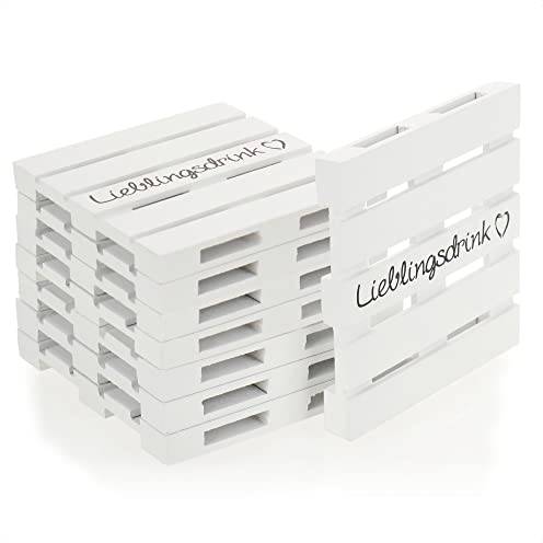 com-four® 8X Untersetzer aus Holz - Mini Paletten mit Schriftzug Lieblingsdrink als Glasuntersetzer für Getränke - Holzuntersetzer - Bar- und Küchenzubehör (08 Stück - weiß)