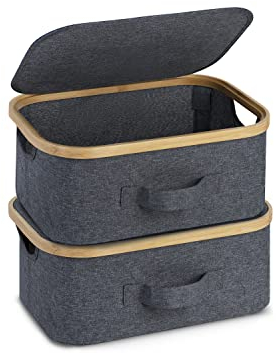 AD.CON Ordnungssystem Bambus-Rahmen, Sortierbox, Organizer, Aufbewahrungsbox, Ordnungsbox 2er-Set mit Deckel, Grau