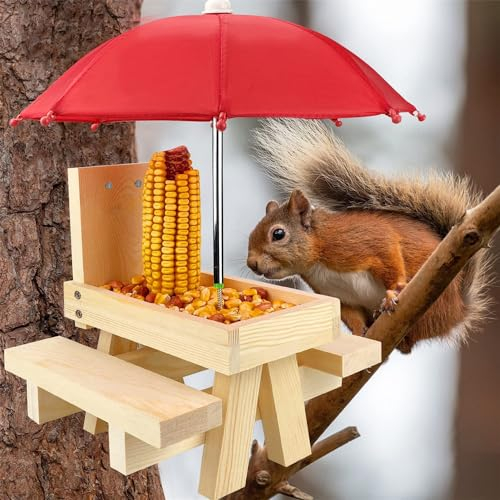 Casetta di mangime per scoiattolo, in legno, da appendere con ombrello e supporto per mais per esterni, roditore, distributore di cibo