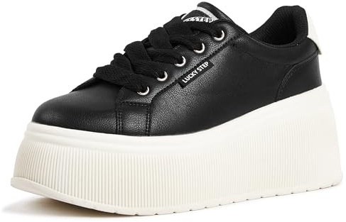 LUCKY STEP Zapatillas de Moda para Mujer con Plataforma | Zapatos Clásicos con Cuña de Lona Casual Bajas Retro para Caminar (Negro, 7US-37EU-4UK)