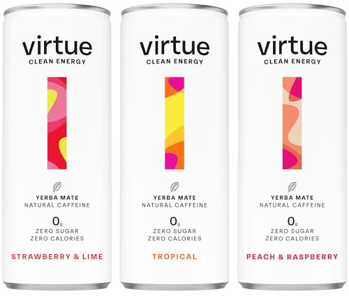 Virtue Clean Energy Mixed Pack - 12 x Yerba Mate Natural Energy Drinks - Sugar Free, Zero Calories, Vegan (12 x 250ml) [Strawberry & Lime, Tropical, Peach & Raspberry]