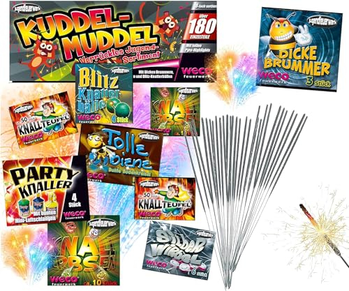 TK Gruppe Timo Klingler Happysparks® Set da 3 pezzi XXL da 180 pezzi Kuddelmudel – 3 in 1 fuochi d'artificio da tavolo per feste e fuochi d'artificio di Capodanno cat. F1 per ragazzi e bambini 2024