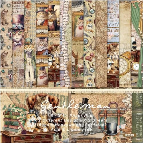 Scrapbooking Papier, 24 Blätter Vintage Katze Scrapbook Papier, 6 x 6 inches Designpapier, Decoupage Papier Bastelpapier, Scrapbook Zubehör für DIY Tagebuch, Alben, Notizbuch, Scrapbooking, Handwerk