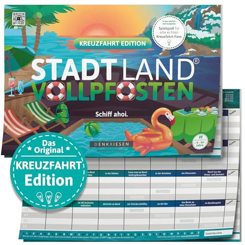 DENKRIESEN - Stadt Land VOLLPFOSTEN® - Kreuzfahrt Edition | DIN A4 Spielblock | Ab 9 Jahren | Familienspiel | Stadt Land Fluss | Kreuzfahrt Thema | 26 kreative Kategorien | Perfekt für Kreuzfahrtfans