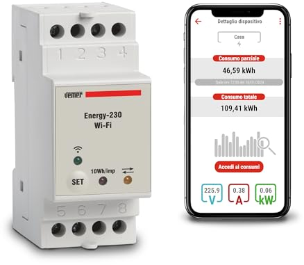 VEMER VE794600 ENERGY WIFI - Contatore Energia Elettrica WiFi per Sistemi Monofase, Misuratore Consumo Elettrico con APP, Installazione su Barra DIN, Bianco