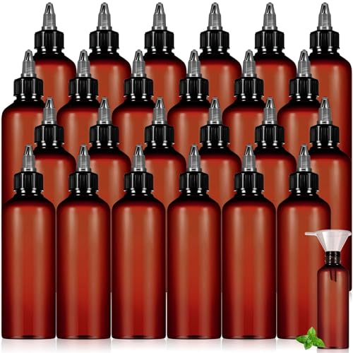 Barydat 24 Pcs Squeeze Bottle Twist Top Applicator Empty Hair Oiling Bottle with Funnels Refillable Plastic Liquid Containers for Liquid Hair Oil Shampoo Lotion (3.4 oz,Amber)