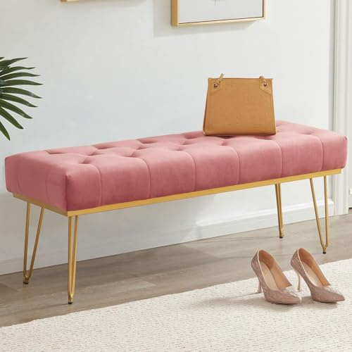 Shally Dogan Bänk i tyg, sittkista för sovrum, ottomansk bänk med stoppning med hög densitet för entré, perfekt för barnrum, vardagsrum, vardagsrum (rosa)