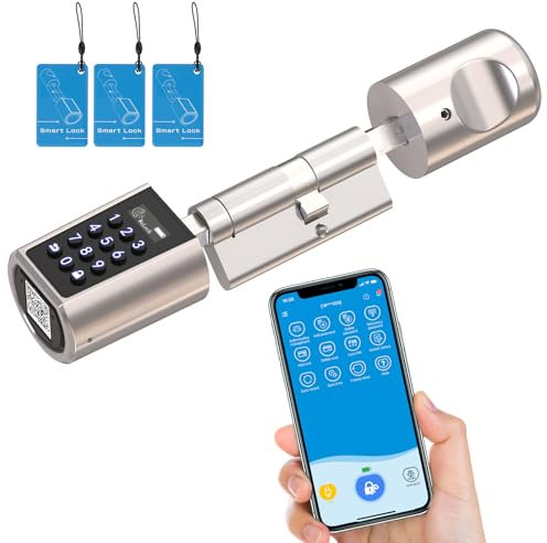 RUILON Serrure connectee porte entree - Serrure intelligente a code APP contrôle bluetooth avec 3 cartes RFID 1 étui en silicone étanche pour la maison, l'hôtel, Airbnb Epaisseur de la porte 50-100 mm