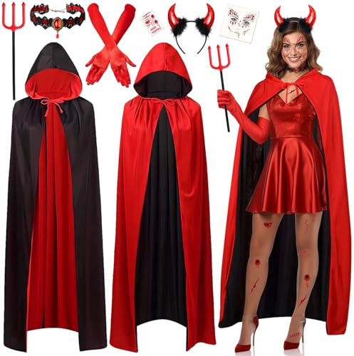 iZoeL Deguisement Diable Cosplay Diable Déguisement Carnaval/Halloween/Maquillage Femme Costume Carnaval/Halloween/Maquillage Femme Homme, Cape Réversible Cornes Collier Fourche Tatouage