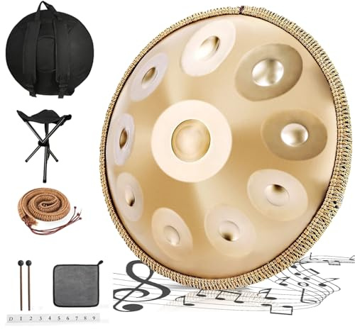Handpan 440 Hz, 10 tonos, instrumento de acero de 22 pulgadas, tambor de mano dorado en D Minor, tambor de lengua con mango suave, baquetas, soporte para tambor de mano