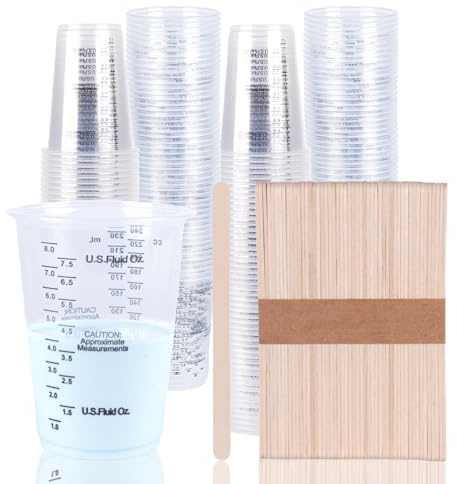 JWJIUEJIU 200Pcs 8 oz Graduated Clear Plastic Measuring Cups with 200pcs Wooden Stirring Sticks for Mixing Paint, Liquid Measuring Pigments, Epoxy Resins