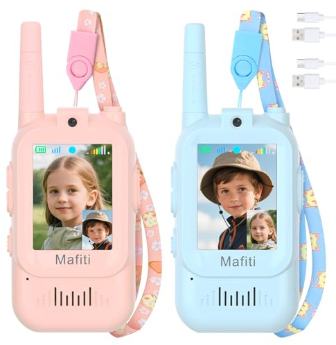 Mafiti Walkie Talkies con Videollamada para Niños (Paquete de 2), Juguetes Recargables 3-8 Años, Largo Alcance 300m, Regalo Ideal Cumpleaños, Juegos al Aire Libre (Azul y Rosa)