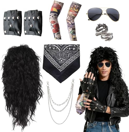 10Pcs Glam Rock Star Fancy Dress, 70s 80s 90s Rockstar Costume Accessories Glam Rock Wig Set for Men Women with Wigs sunglasses headscarves gloves rings necklaces tattoo sleeves for Carnival Halloween