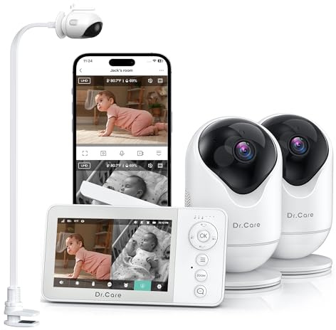 Dr.Care VistaView Lite RB Baby Monitor WiFi con 1 Supporto Clip – 2 Telecamere, Schermo Split 4'' 720P, App 1080P, Rilevamento Movimento, Visione Notturna HD, Multi-Utente, Tripla Sicurezza
