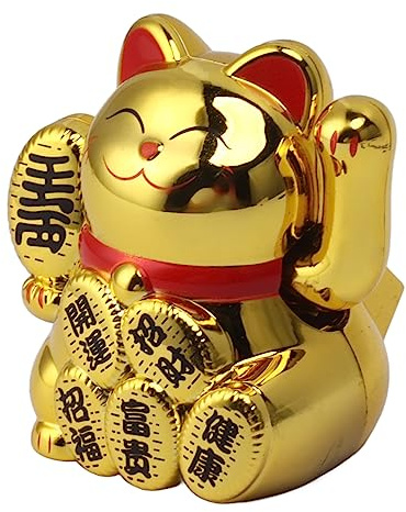 Naroote Lucky Cat, Solar Powered Fortune Cat, 2 Inch Decorative Statue with Waving Arm, Ideal for Front Desk, Office, Car & Business Openings (Gold)