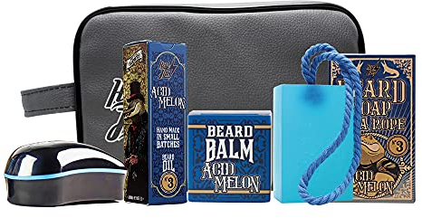 HEY JOE! Bearded Survival Kit Deluxe Nº 3 Acid Melon | Bartpflege Set für Männer Hochwertig [ Bartöl + Bart Balsam + Feste Bartseife + Bartbürste ] - Geschenk Kulturbeutel Inklusive