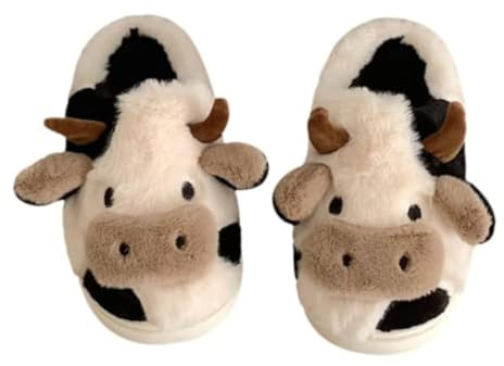 GGOOB Kawaii Cow Fuzzy Plush Slippers Women Cute Animal Funny Fluffy House Slippers