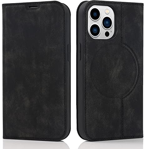 QLTYPRI Wallet Case for iPhone 12 Pro Max (6.7 inch) Compatible with Magsafe Charger, Magnetic Flip Folio PU Leather Phone Case with RFID Blocking Card Holder Slots Kickstand Shockproof Cover - Black