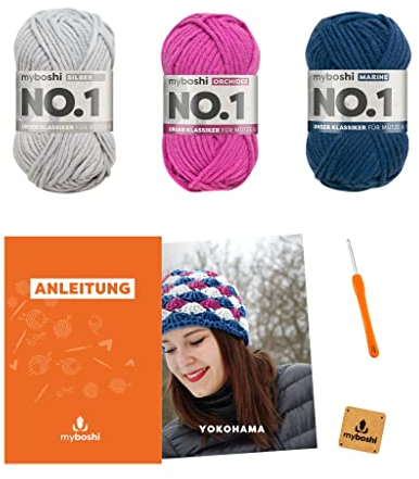 myboshi Häkelset Mütze Yokohama, inkl No.1 Wolle, Häkelnadel, Anleitung, original Label in Lederoptik, Häkelpaket 30% Merinowolle Orchidee mit Häkelnadel
