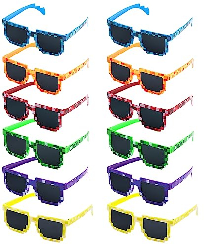 CCINEE 12Pack Pixel Sunglasses Assorted Color Miner Party Favors Pixel Glasses Retro Gamer Sunglasses Pixelated Eyewear for Kids Adults Boys Girls Birthday Party Supplies