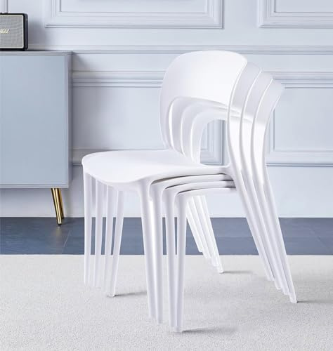 Hallowood Furniture Stoker Stackable Plastic Dining Chairs Set of 4, White | Modern Sturdy Four White Plastic Stacking Chairs with Cut-away Back Design for Kitchen Home, Offices, Restaurants or Cafes