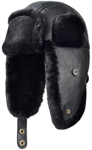 Harssidanzar lammskinn shearling vintermössa för män och kvinnor äkta läder, trappermössa, pilotmössa, hatt med öronlappar CU603EU, Enfärgad svart, S