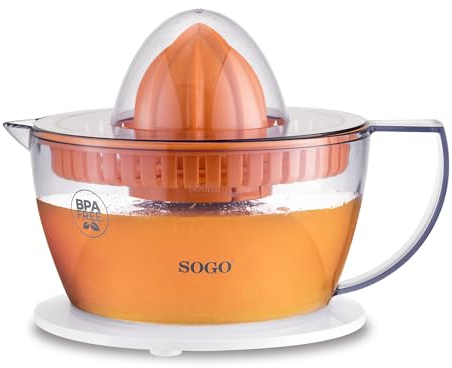 SOGO Exprimidor eléctrico de zumo de naranja y limón con 2 conos y tapa - Automático, Potente y Silencioso - Jarra 0,5 Litros, blanco, 40w