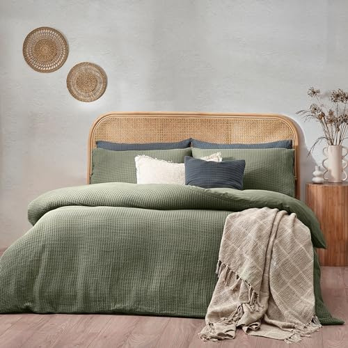 furn. Yard Chunky Waffle Cotton Duvet Cover Set – Textured Waffle Weave OEKO-TEX Certified (Eucalyptus – Double)