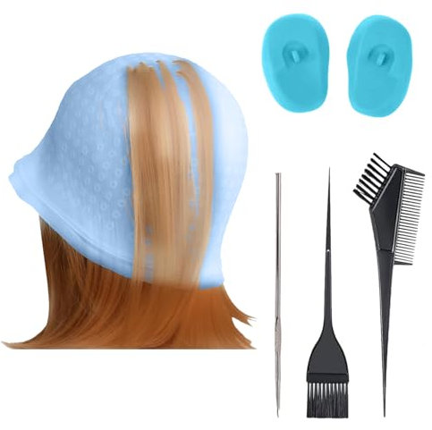 Fychuo 6Pcs Highlighting Cap Kit Silicone Highlight Cap Professional Highlights Hair Dye Kit Reusable Hair Colouring Tools Hair Dye Comb Brush Needles Ear Muffs